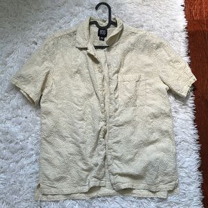 BDG button down short sleeve cream t shirt with stitched embroidery